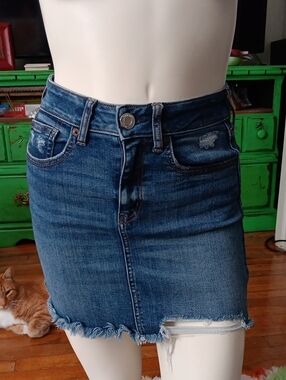 American Eagle Outfitters Distressed Dark Blue Denim Mini Skirt